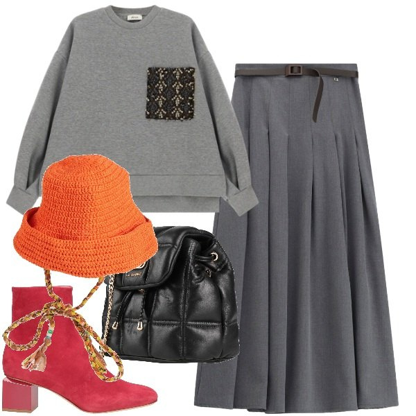 Outfit donna - Felpa e gonna. Stile Trendy per Tutti i giorni. Abbinamento con stivaletti, valigie, cappelli, gonne lunghe, felpe.