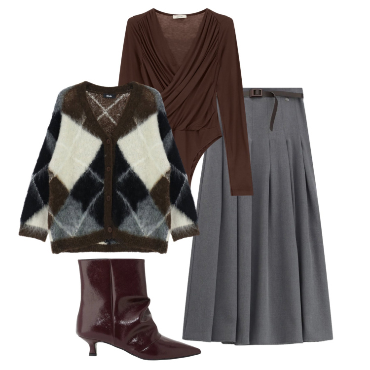 Outfit donna - Nuove tendenze Dixie. Stile Casual chic per Tutti i giorni. Abbinamento con gonne lunghe, cardigans, stivaletti, body.