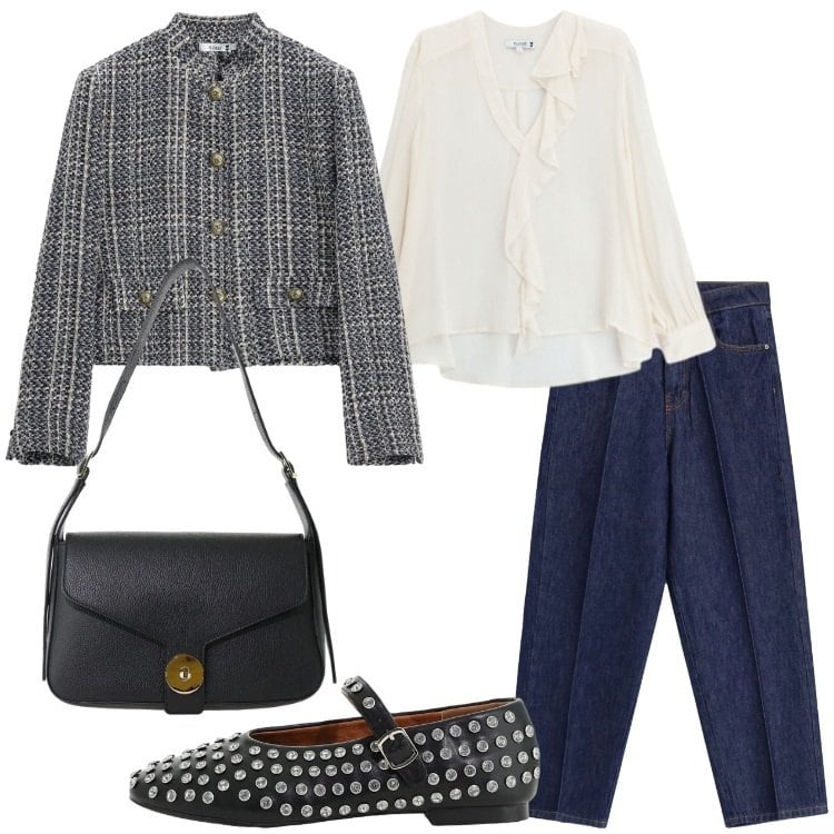 Outfit donna - Please FW26 New Bon Ton. Stile Bon Ton per Ufficio. Abbinamento con borse a spalla, jeans, bluse, cappotti, ballerine.