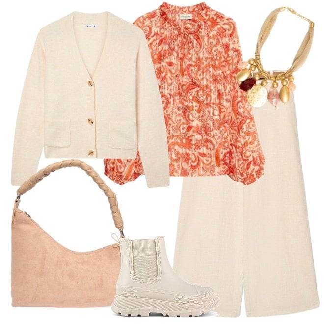 Outfit donna - Settembre in chiaro. Stile Urban per Tutti i giorni. Abbinamento con bluse, cardigans, pantaloni a palazzo, portafogli, collane, stivali.