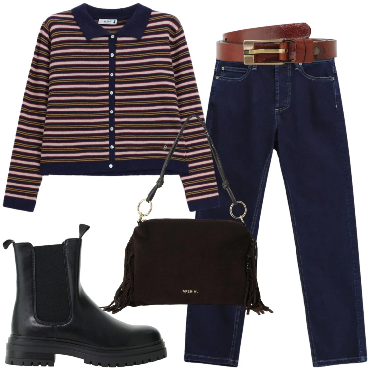 Outfit donna - Please. Stile Casual per Tutti i giorni. Abbinamento con stivaletti chelsea, borse a spalla, jeans slim fit, cardigans, cinture.