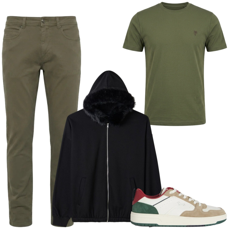 Outfit uomo - Total look #2477584. Stile Urban per Tutti i giorni. Abbinamento con pantaloni, t-shirt, sneakers, felpe con cappuccio.
