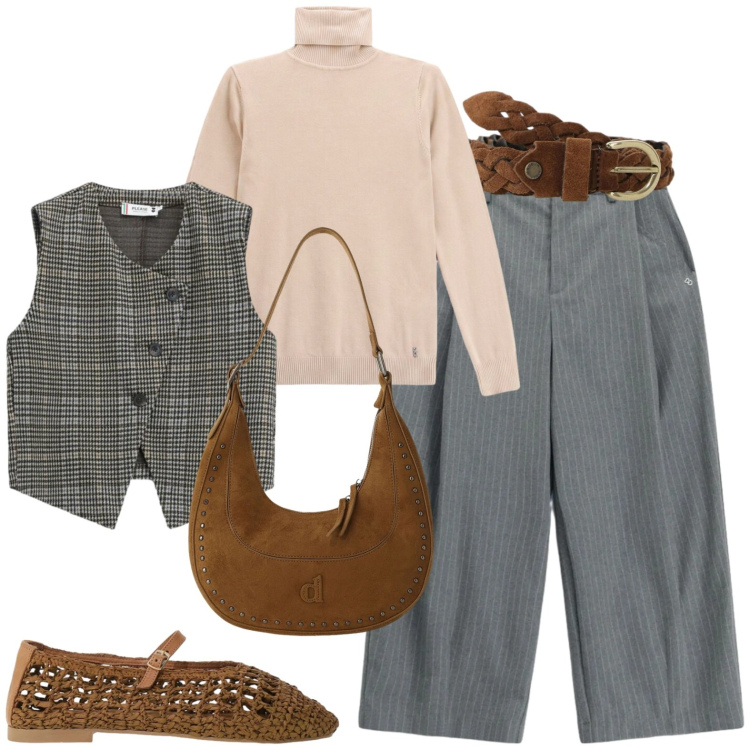 Outfit donna - Please. Stile Casual per Ufficio. Abbinamento con gilet, maglieria, pantaloni a palazzo, borse a spalla, cinture, ballerine.