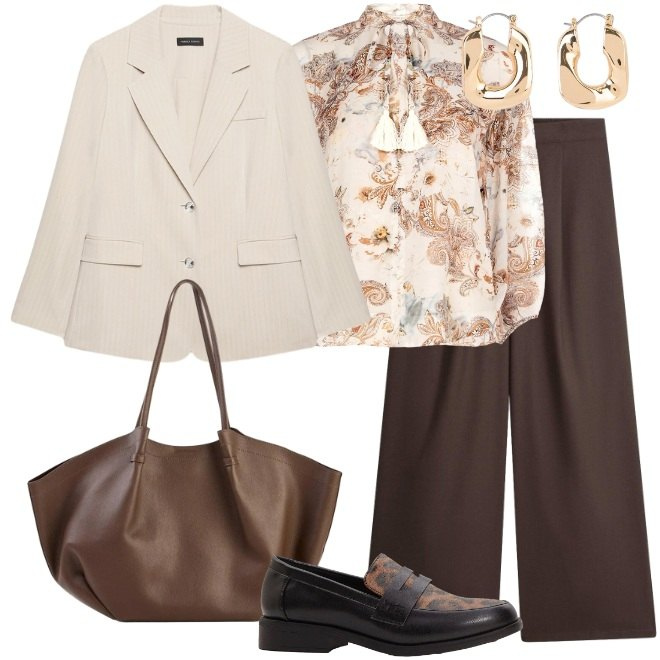 Outfit donna - Mocassini per la giornata. Stile Urban per Ufficio. Abbinamento con mocassini, orecchini, shopping bag, pantaloni a palazzo, bluse, blazer.