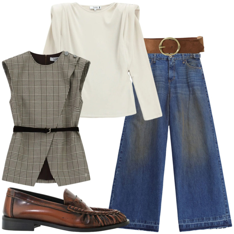 Outfit donna - Please fall. Stile Casual per Scuola/Università. Abbinamento con mocassini, jeans, gilet, t-shirt, cinture.