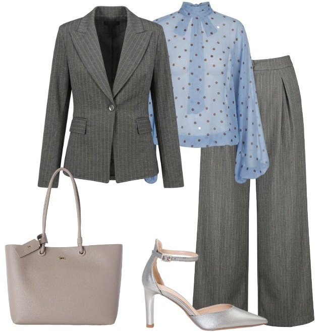 Outfit donna - Completo righe e pois. Stile Bon Ton per Ufficio. Abbinamento con shopping bag, décolleté, bluse, pantaloni a palazzo, blazer.