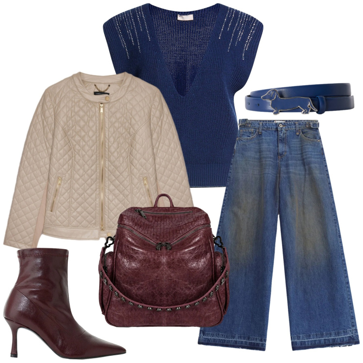 Outfit donna - Total look #2477594. Stile Glamour per Ufficio. Abbinamento con pullovers, cinture, stivaletti, jeans, giacche, zaini.