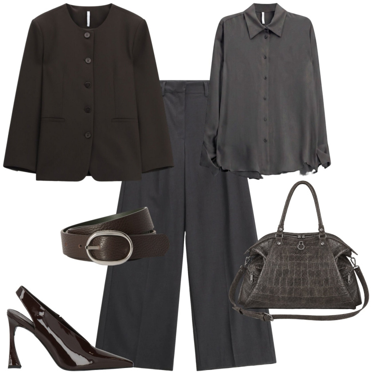 Outfit donna - Dall ufficio all aperitivo con le amiche. Stile Minimal per Tutti i giorni. Abbinamento con décolleté, cinture, blazer, camicie, pantaloni a palazzo, shopping bag.