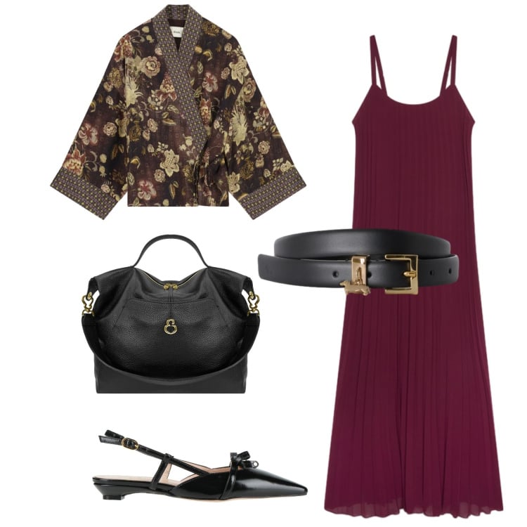 Outfit donna - Total look #2477598. Stile Chic per Serata fuori. Abbinamento con ballerine, cinture, kimono, vestiti lunghi, borse a spalla.