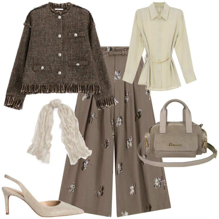 Outfit donna - Dall ufficio all aperitivo con le amiche. Stile Chic per Ufficio. Abbinamento con décolleté, sciarpe, blazer, camicie, pantaloni a palazzo, borse a mano.