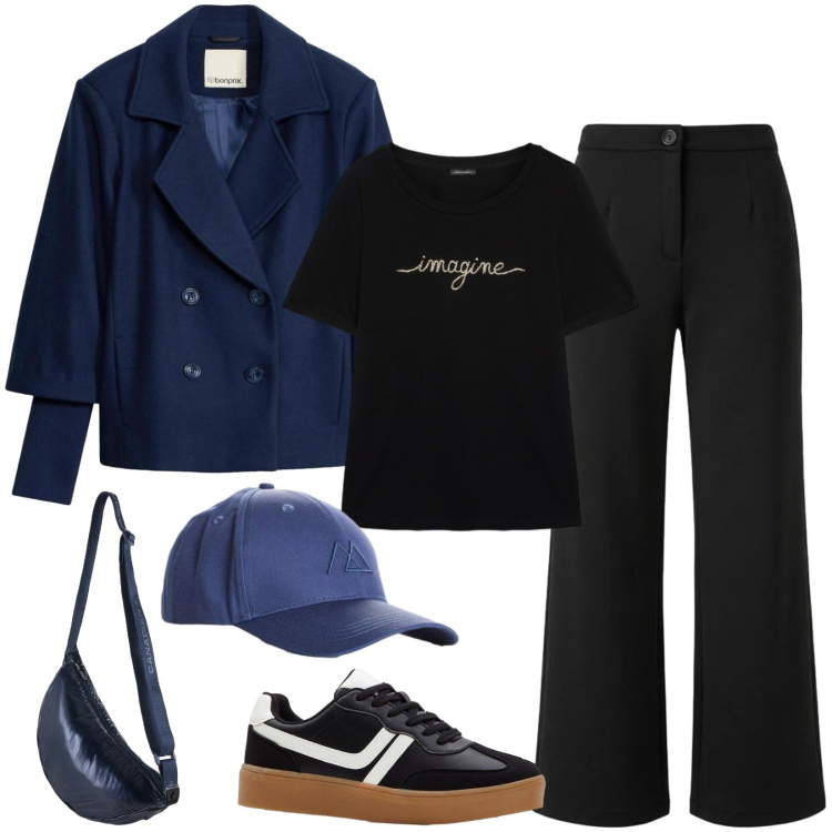Outfit donna - Total look #2477600. Stile Casual per Tutti i giorni. Abbinamento con sneakers, cappelli con visiera, caban, pantaloni, t-shirt, borse a tracolla.