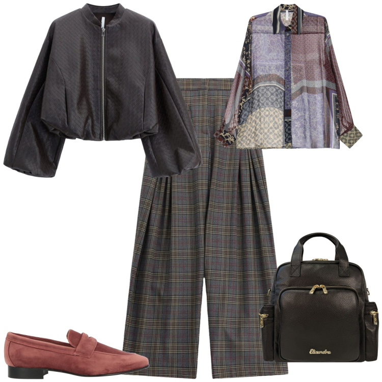Outfit donna - Casual chic ufficio tempo libero. Stile Casual chic per Ufficio. Abbinamento con mocassini, bomber, pantaloni a palazzo, camicie, zaini.