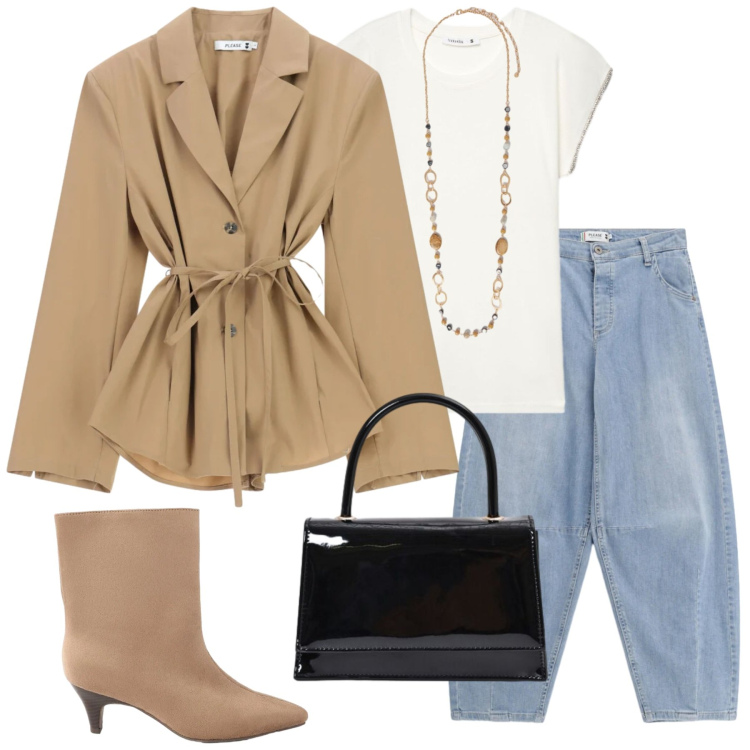 Outfit donna - Total look #2477603. Stile Casual per Ufficio. Abbinamento con stivaletti, t-shirt, borse a mano, jeans, blazer, collane.