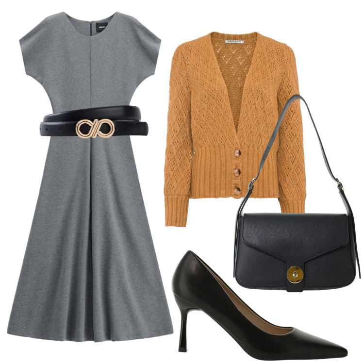 Outfit donna - Total look #2477605. Stile Bon Ton per Ufficio. Abbinamento con cinture, cardigans, décolleté, borse a spalla, vestiti midi/longuette.