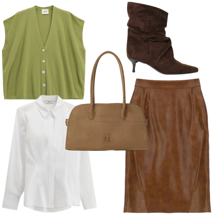 Outfit donna - Fall colors. Stile Chic per Tutti i giorni. Abbinamento con stivali, gonne longuette, maglieria, camicie, borse a spalla.
