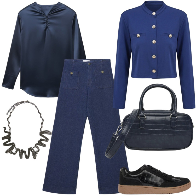 Outfit donna - Il cardigan rinascimento. Stile Casual per Tutti i giorni. Abbinamento con sneakers, jeans, borse a tracolla, bluse, cardigans, collane.