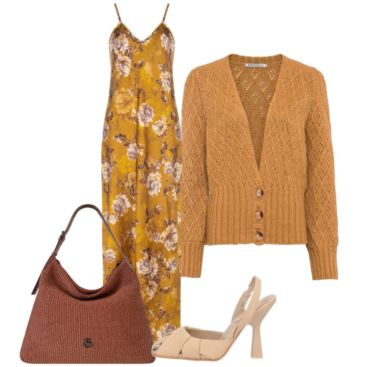 Outfit donna - Il cardigan a settembre. Stile Basic per Tutti i giorni. Abbinamento con décolleté, cardigans, vestiti lunghi, borse a spalla.
