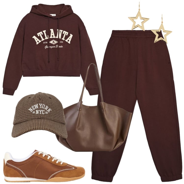 Outfit donna - Relaxing time Terranova. Stile Casual per Tutti i giorni. Abbinamento con sneakers, shopping bag, pantaloni, cappelli con visiera, felpe con cappuccio, orecchini.