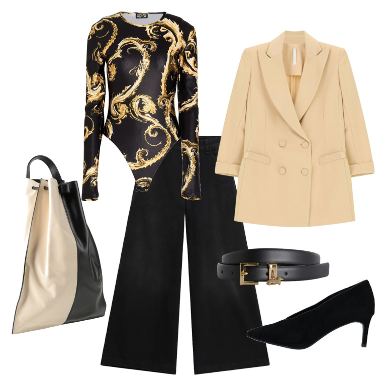 Outfit donna - Body e blazer doppiopetto. Stile Trendy per Serata fuori. Abbinamento con décolleté, zaini, body, cinture, blazer, jeans.
