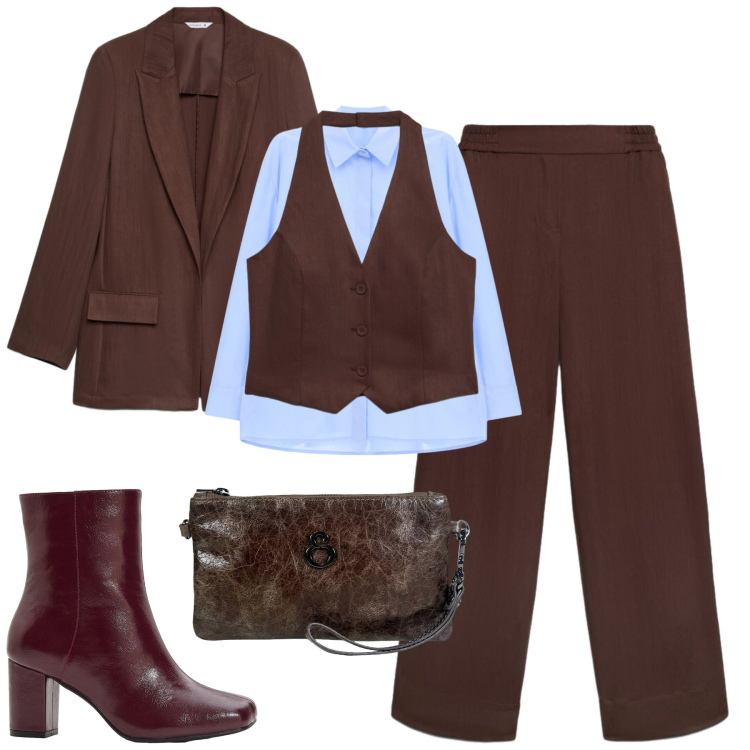 Outfit donna - In ufficio. Stile Urban per Ufficio. Abbinamento con stivaletti, pantaloni, gilet, blazer, camicie, pochette.