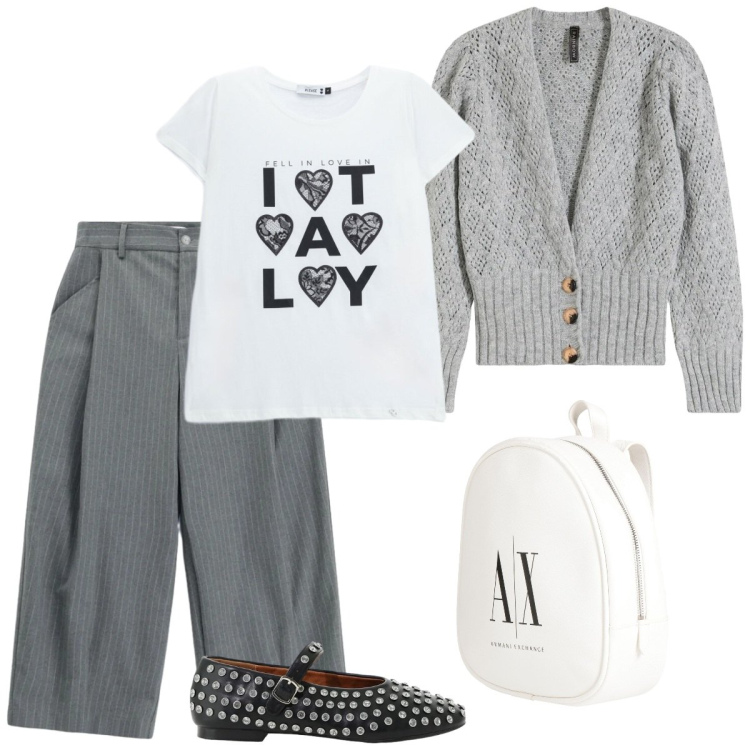 Outfit donna - Università a modo mio. Stile Basic per Scuola/Università. Abbinamento con zaini, cardigans, ballerine, t-shirt, pantaloni a palazzo.