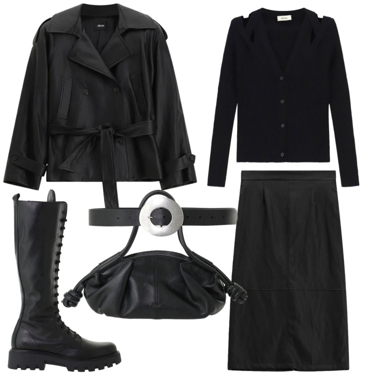 Outfit donna - In autunno punta sul nero. Stile Glamour per Tutti i giorni. Abbinamento con trench, borse a mano, stivali, gonne longuette, cinture, cardigans.