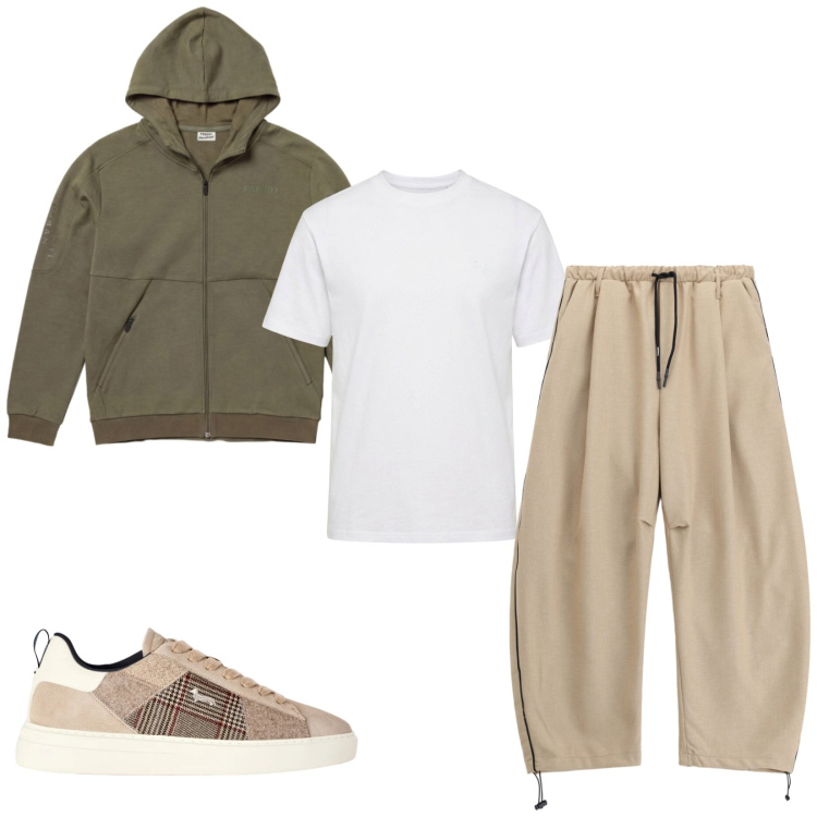 Outfit uomo - Total look #2477616. Stile Trendy per Tutti i giorni. Abbinamento con sneakers, t-shirt, pantaloni, felpe con cappuccio.