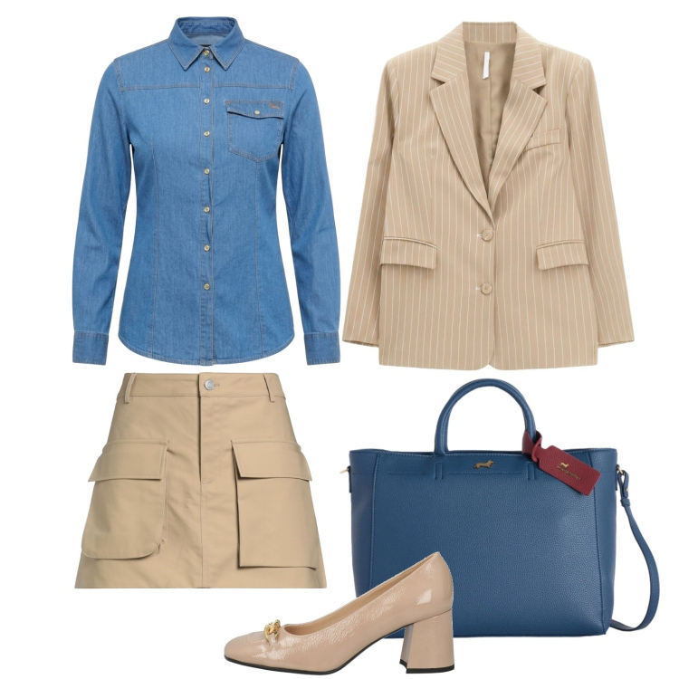 Outfit donna - Mini e camicia di jeans. Stile Bon Ton per Tutti i giorni. Abbinamento con minigonne, décolleté, borse a mano, camicie, blazer.