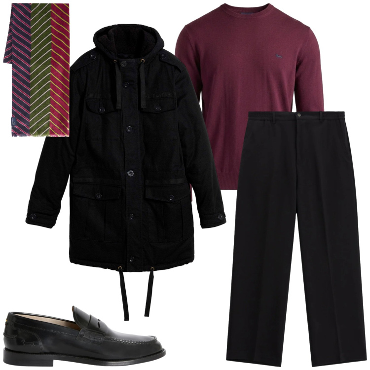 Outfit uomo - Total look #2477618. Stile Business/Elegante per Ufficio. Abbinamento con maglieria, sciarpe, scarpe stringate, pantaloni, parka.