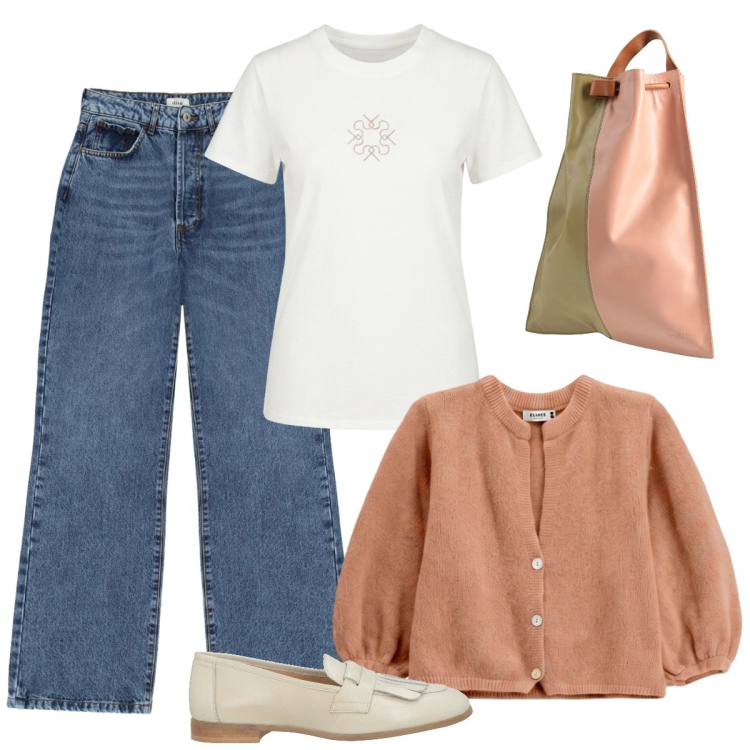 Outfit donna - Mattina in centro. Stile Basic per Tutti i giorni. Abbinamento con zaini, mocassini, jeans, t-shirt, cardigans.