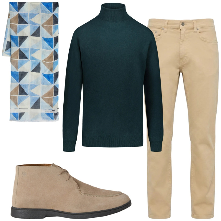 Outfit uomo - Total look #2477621. Stile Trendy per Ufficio. Abbinamento con pantaloni, stivali e stivaletti, sciarpe, maglieria.