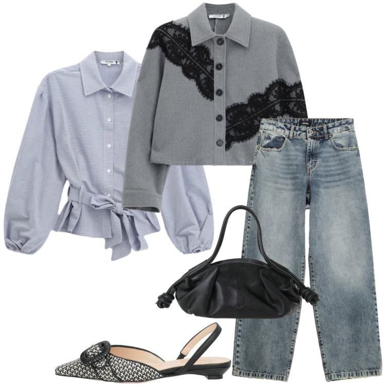 Outfit donna - Total look #2477624. Stile Trendy per Tutti i giorni. Abbinamento con ballerine, camicie, cappotti, jeans dritti, borse a mano.