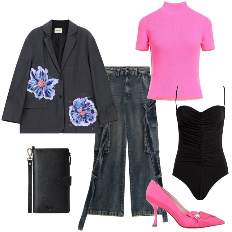Outfit donna - Anche in ufficio voglio stupire. Stile Casual chic per Ufficio. Abbinamento con décolleté, maglieria, body, portafogli, blazer, pantaloni cargo.