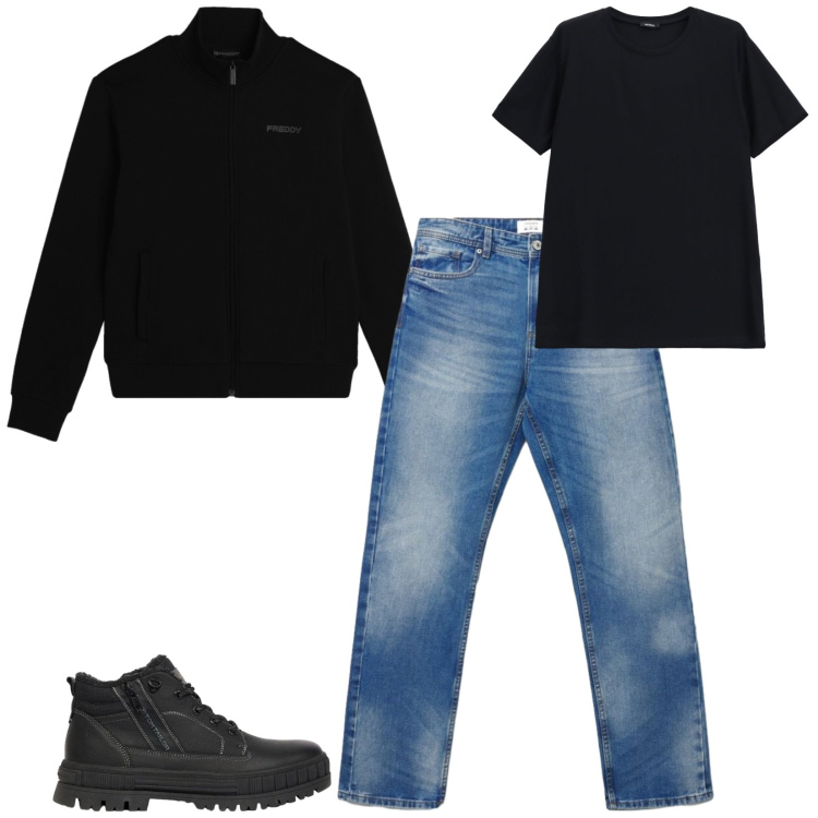 Outfit uomo - Total look #2477633. Stile Casual per Tutti i giorni. Abbinamento con t-shirt, felpe, jeans dritti, stivali e stivaletti.