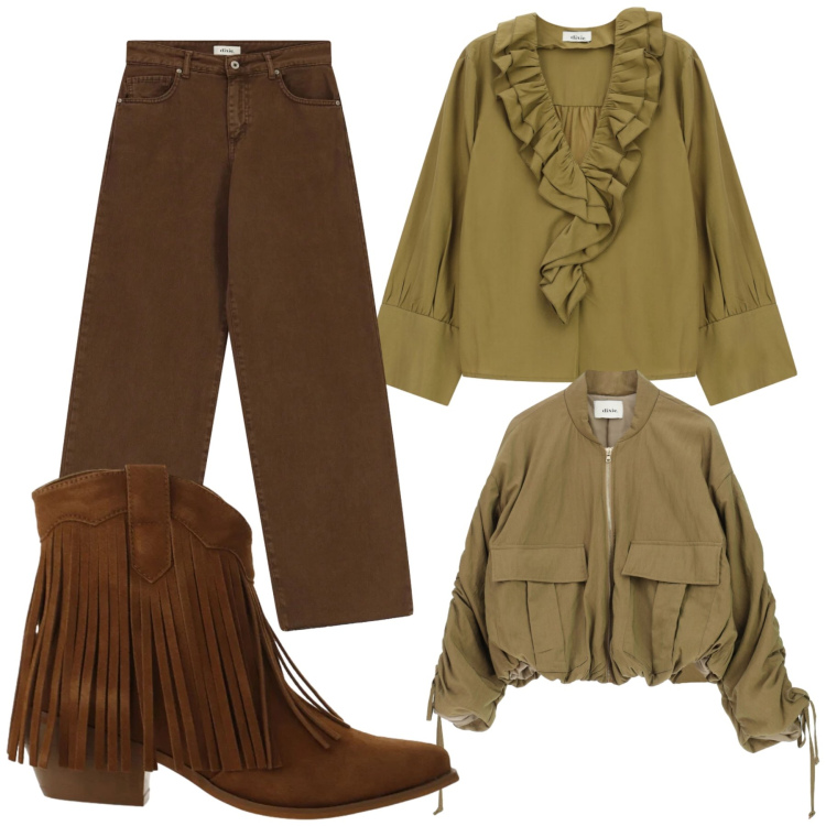 Outfit donna - Total look #2477634. Stile Glamour per Scuola/Università. Abbinamento con stivaletti texani, bluse, bomber, jeans dritti.