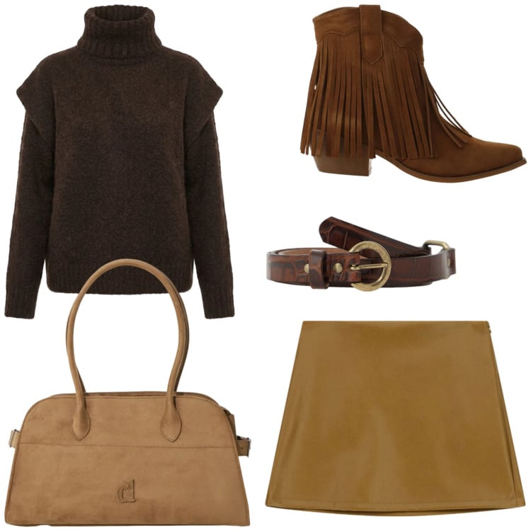 Outfit donna - Cowgirl in città. Stile Etnico per Tutti i giorni. Abbinamento con stivaletti texani, borse a spalla, pullovers, minigonne, cinture.