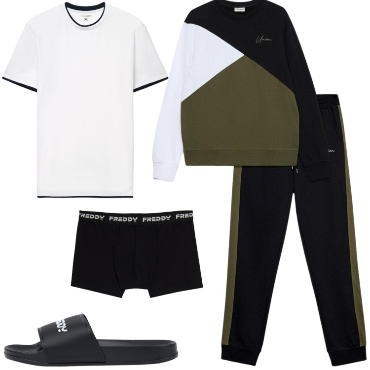 Outfit uomo - Barbecue nel giardino di casa. Stile Casual per Tutti i giorni. Abbinamento con boxer, sandali, t-shirt, tute sportive.