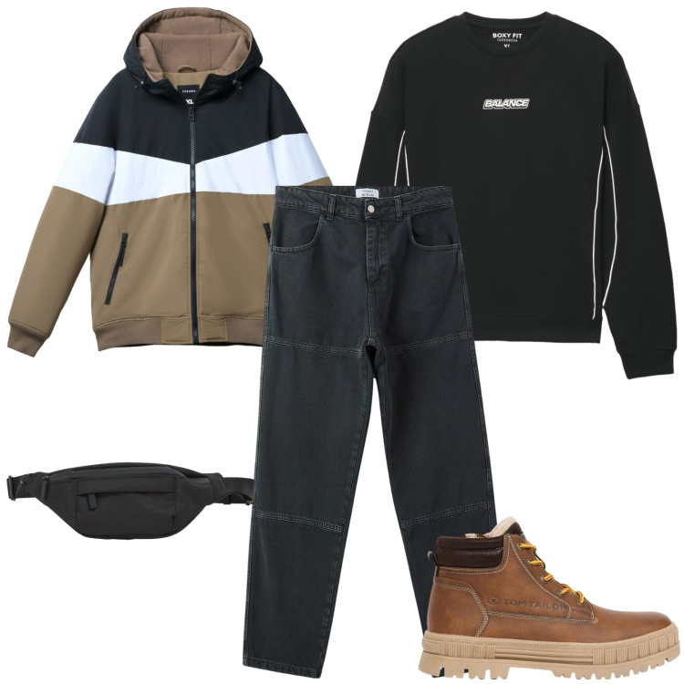 Outfit uomo - Total look #2477645. Stile Urban per Tutti i giorni. Abbinamento con piumini, felpe, borse sportive, pantaloni, stivali e stivaletti.