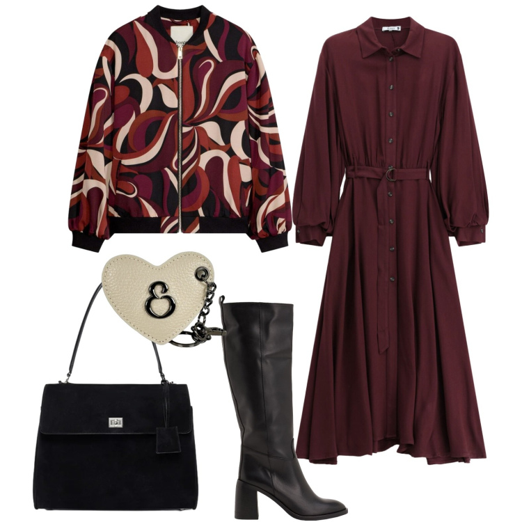 Outfit donna - Il mio look di domani. Stile Chic per Tutti i giorni. Abbinamento con stivali, bomber, vestiti chemisier, borse a mano, portachiavi.