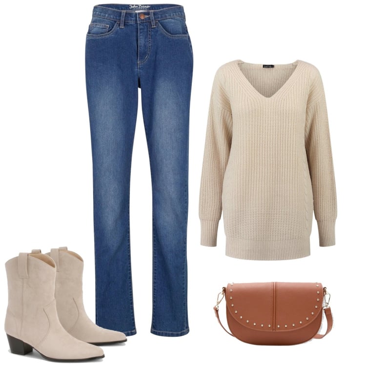 Outfit femme - Bottines Western. Style Boho pour Tous les jours. Assortir avec jean coupe droite, pulls, bottines, sacs en bandoulière.
