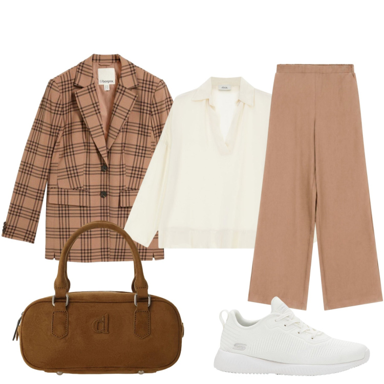 Outfit donna - Casual chic in città. Stile Casual chic per Tutti i giorni. Abbinamento con sneakers, blazer, pantaloni a palazzo, camicie, borse a mano.