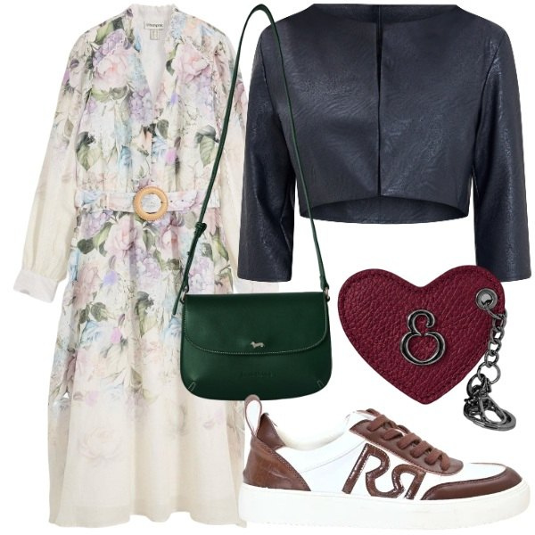 Outfit donna - Le sneakers di settembre. Stile Glamour per Tutti i giorni. Abbinamento con vestiti midi/longuette, borse a tracolla, bolero, sneakers, portachiavi.