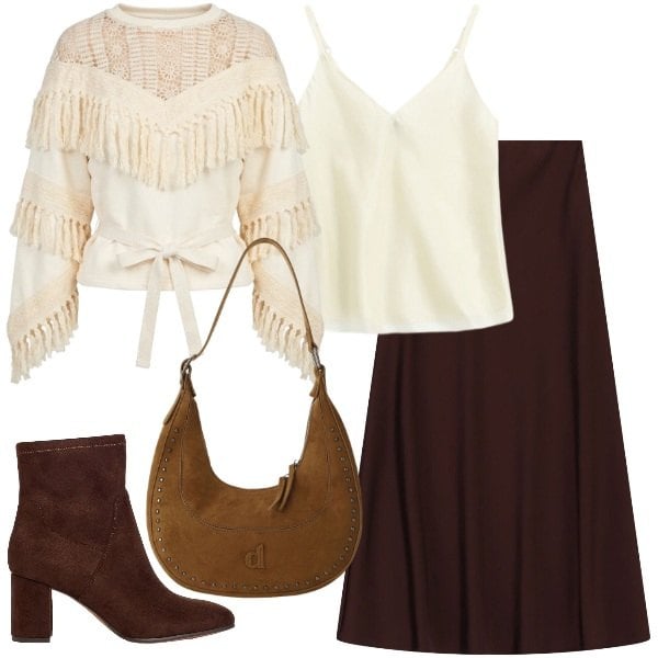 Outfit donna - Cappuccino. Stile Trendy per Tutti i giorni. Abbinamento con stivaletti, gonne lunghe, borse a spalla, top, felpe.