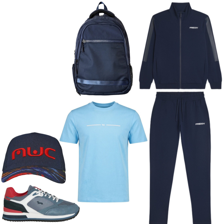 Outfit uomo - Total look #2477664. Stile Urban per Sport. Abbinamento con borse sportive, t-shirt sportive, sneakers, tute sportive, cappelli con visiera.