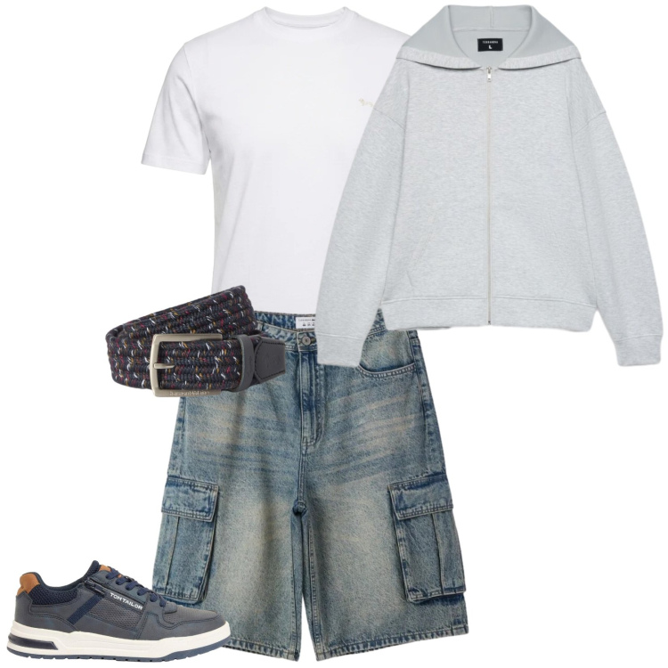 Outfit uomo - Total look #2477666. Stile Trendy per Tutti i giorni. Abbinamento con t-shirt, cinture, pantaloni corti, felpe con cappuccio, sneakers.