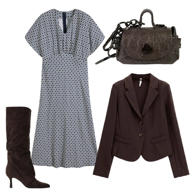 Outfit donna - Mood bon ton. Stile Bon Ton per Ufficio. Abbinamento con vestiti, blazer, stivali, portachiavi.
