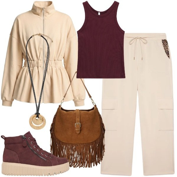 Outfit donna - Comodità al naturale. Stile Trendy per Tutti i giorni. Abbinamento con sneakers alte, canottiere, borse a spalla, felpe, ciondoli, pantaloni cargo.
