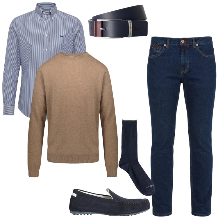 Outfit uomo - Total look #2477673. Stile Casual per Ufficio. Abbinamento con jeans, calzini, camicie, cinture, scarpe stringate, maglieria.