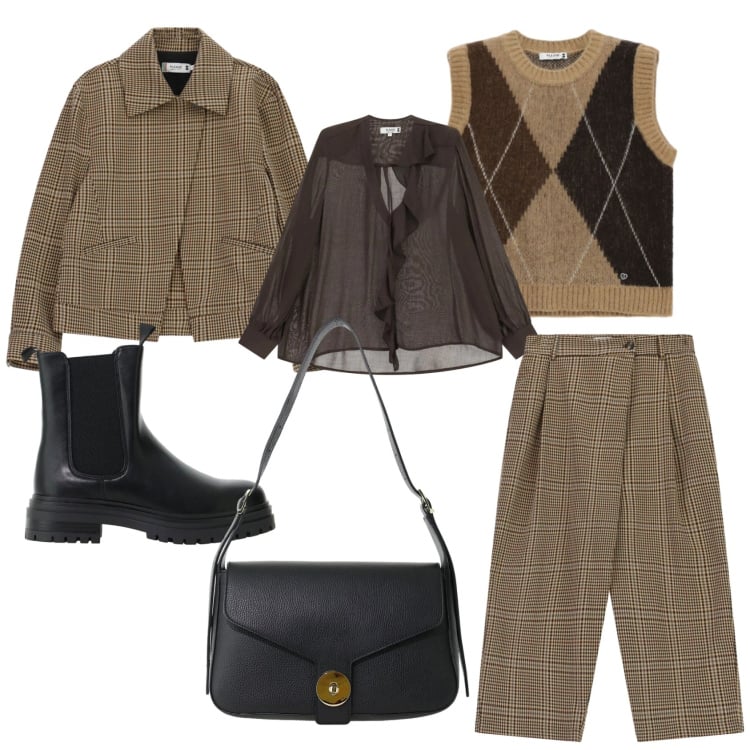 Outfit donna - British in città. Stile Mannish per Ufficio. Abbinamento con stivaletti chelsea, borse a spalla, maglieria, cappotti, bluse, pantaloni.