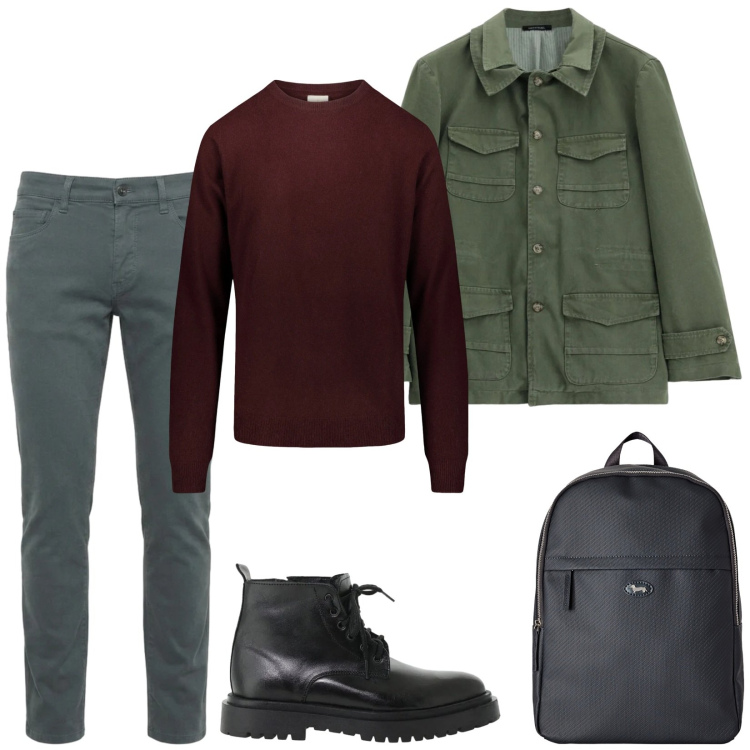 Outfit uomo - Total look #2477676. Stile Casual per Tutti i giorni. Abbinamento con borse sportive, jeans slim fit, cappotti, anfibi, maglieria.